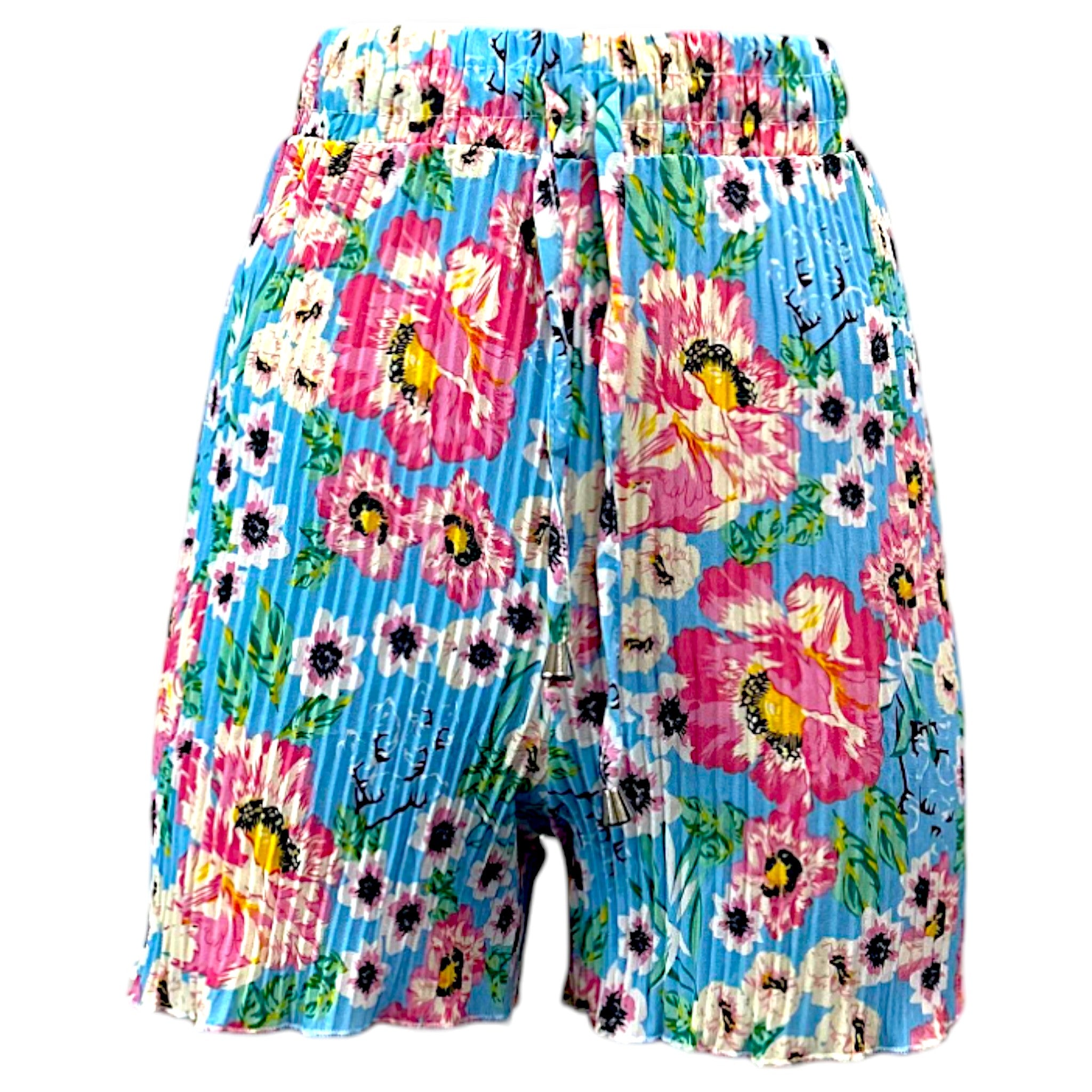 Women's pleated floral shorts with elastic waistband and drawstring – sky blue background with pink, white, and yellow flower print